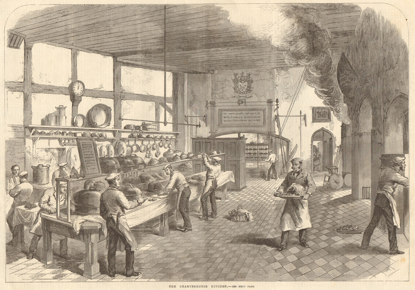 The Charterhouse kitchen. London. Hospitality 1867 old antique print picture